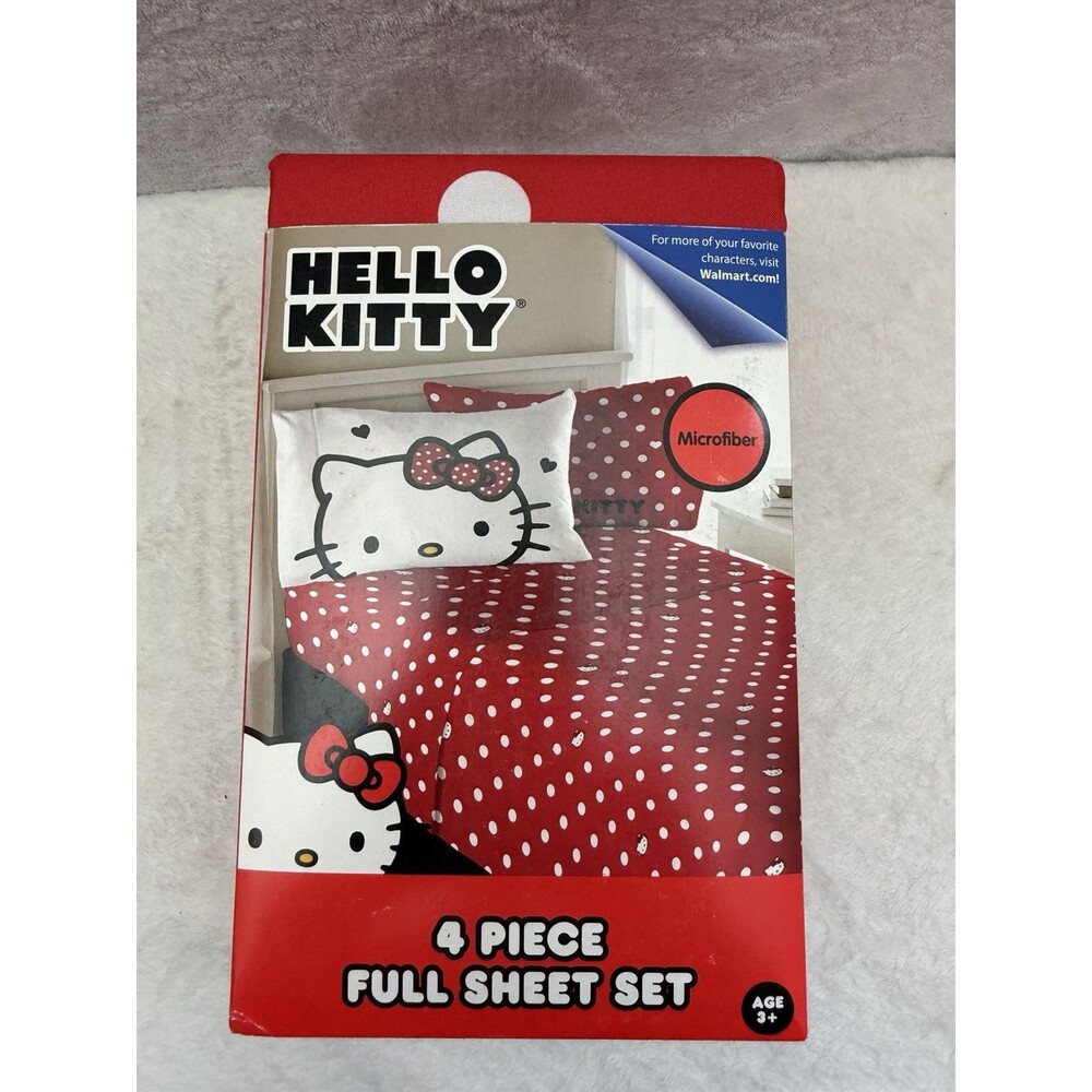 Hello Kitty Full Sheet Set 4 Piece Red White Polka Dot Microfiber Bedding